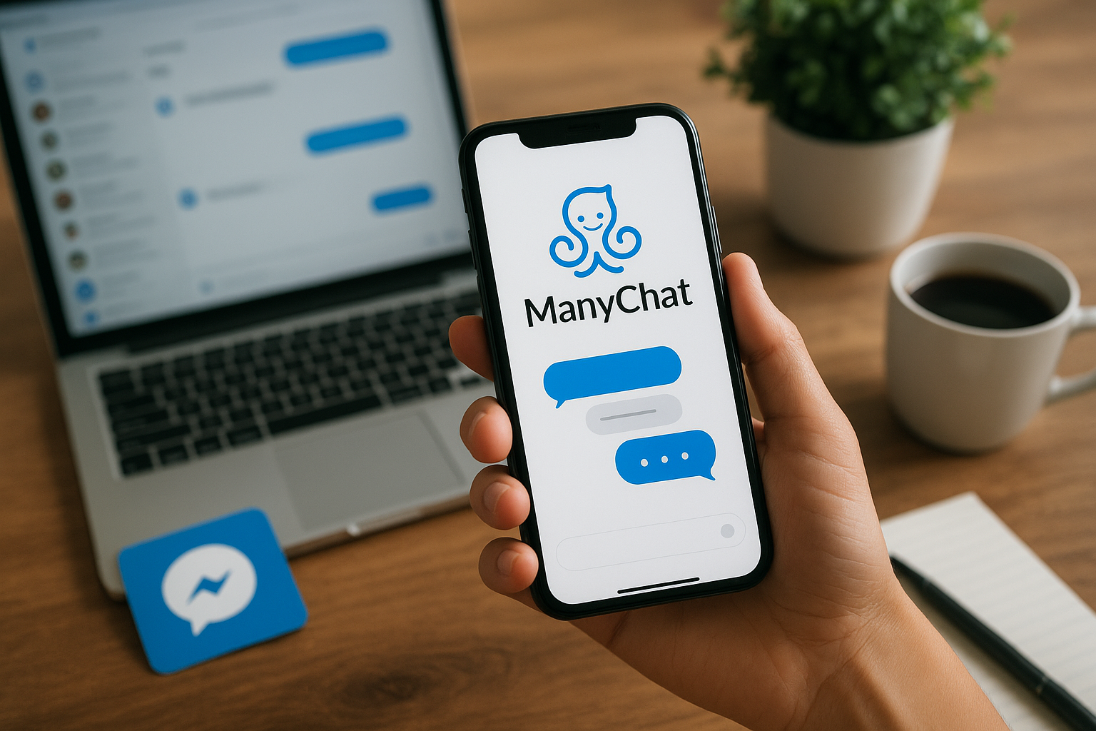 Pessoa usando o ManyChat no celular com notebook ao fundo.