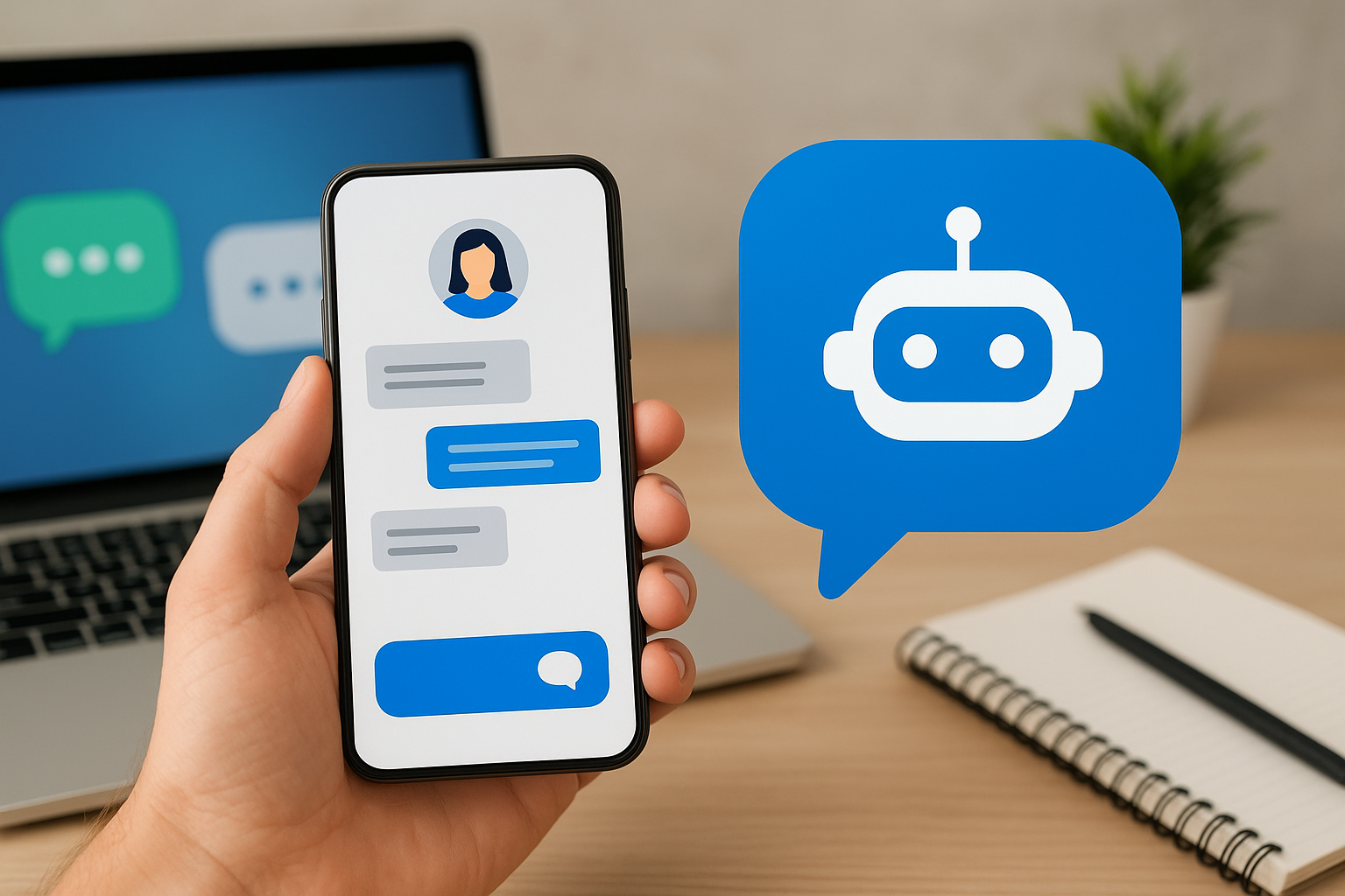 Pessoa segurando celular com conversa automatizada em aplicativo de mensagens.