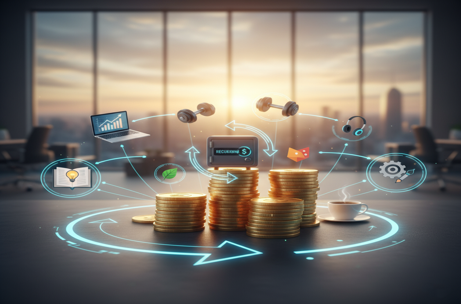 Representação de renda recorrente e modelo de assinatura com fluxo de moedas e gráfico de crescimento.