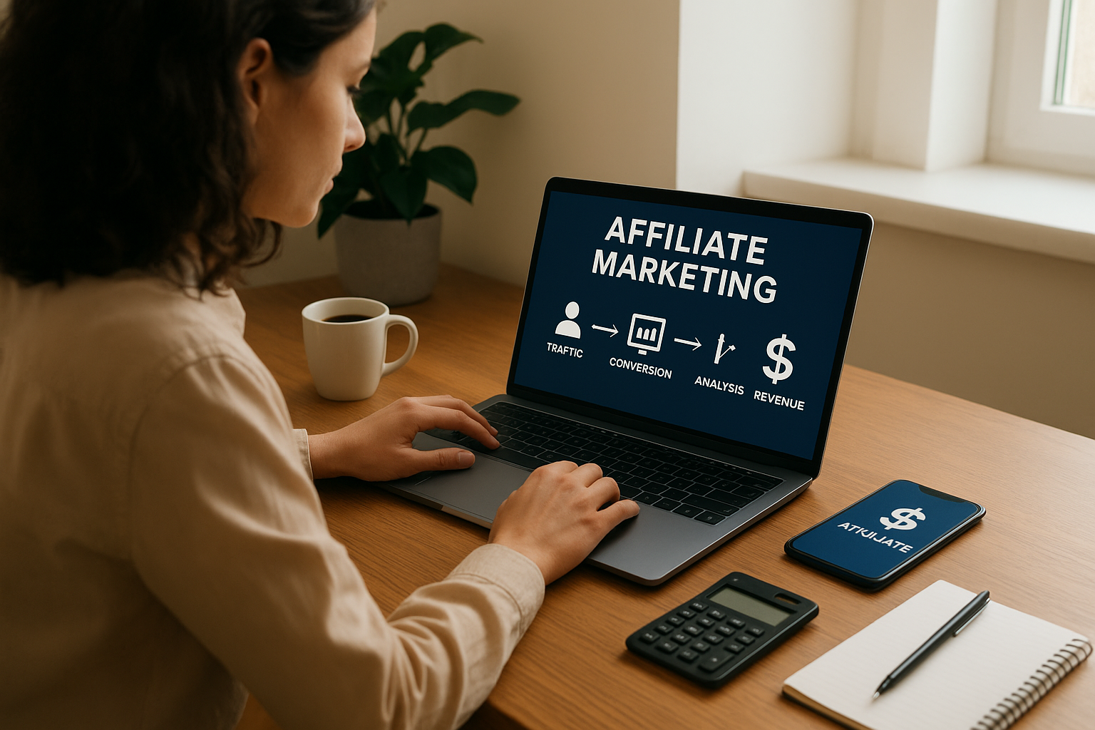 Mulher usando laptop em ambiente moderno com gráficos digitais ao fundo.