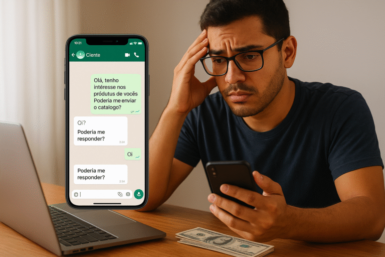 Empreendedor preocupado ao ver mensagens de cliente no WhatsApp sem resposta.