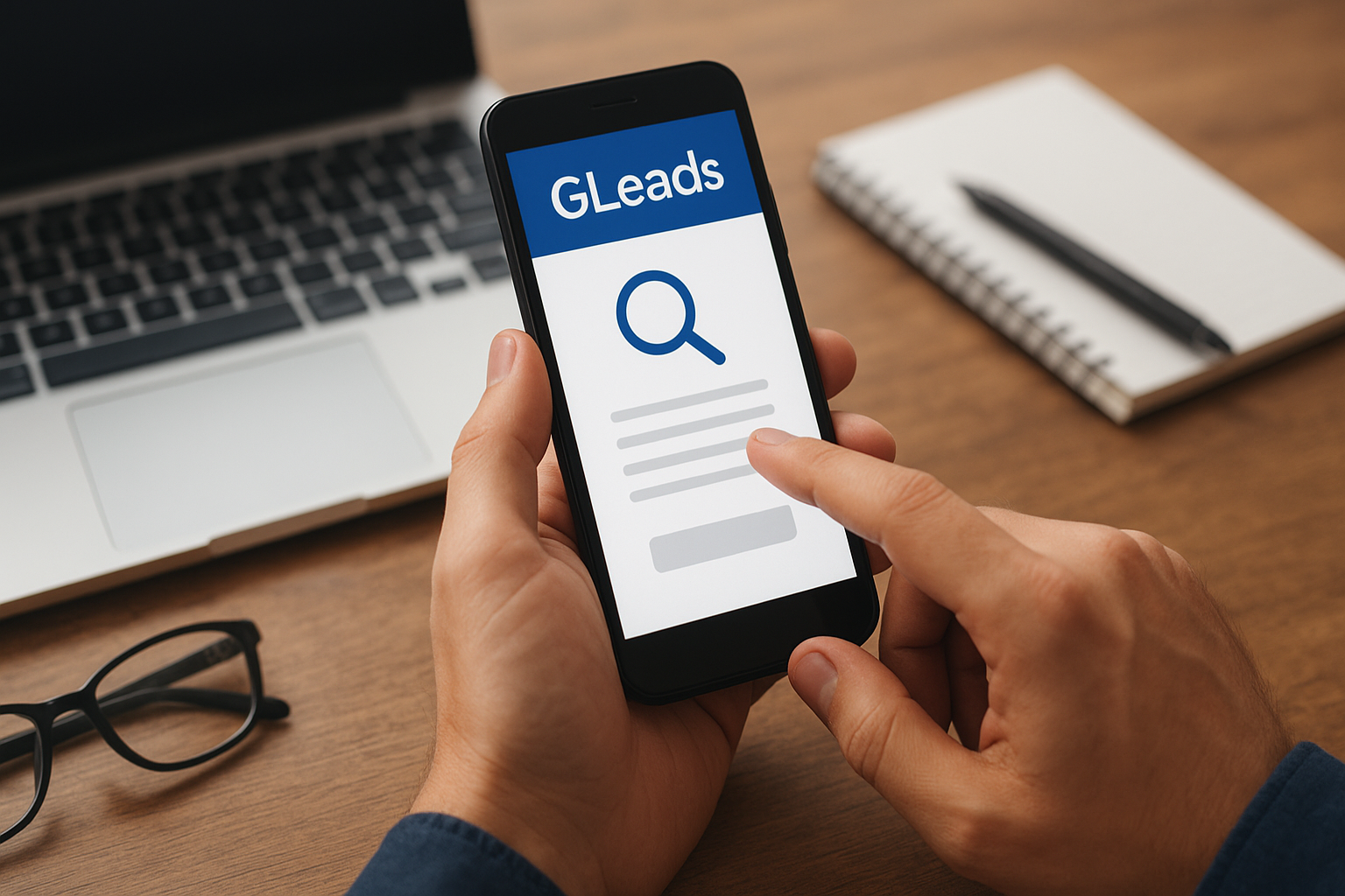 Pessoa usando o celular com aplicativo de prospecção de leads em um ambiente de trabalho.