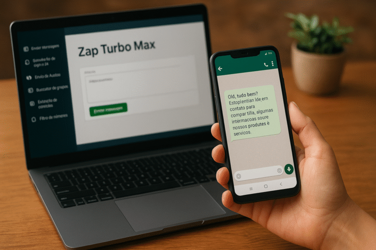 Pessoa usando o Zap Turbo Max no computador e no celular para automatizar vendas pelo WhatsApp.