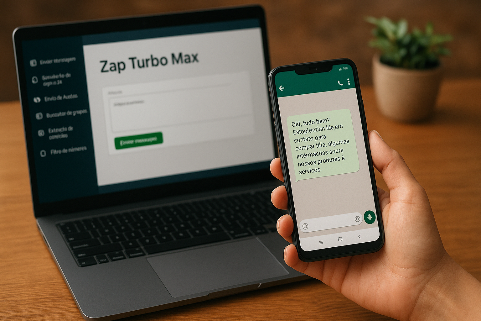 Pessoa usando o Zap Turbo Max no computador e no celular para automatizar vendas pelo WhatsApp.
