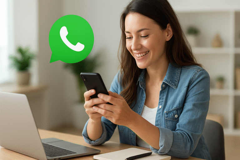 Mulher usando o WhatsApp no notebook e celular para automatizar vendas.