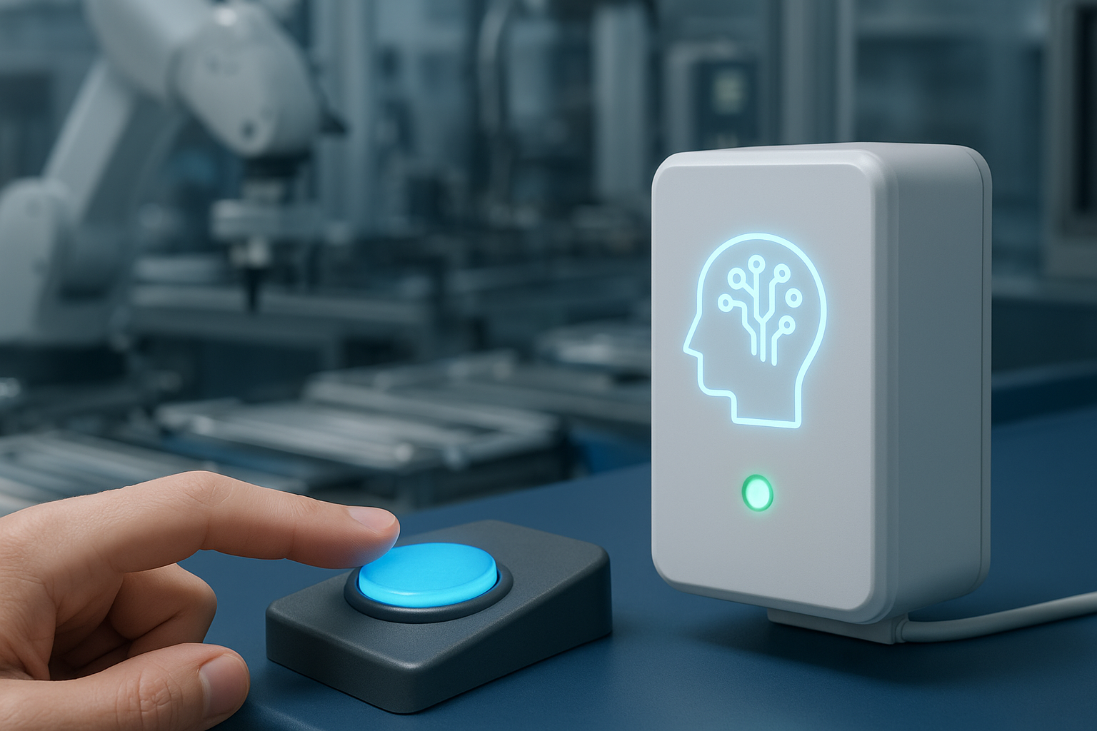 Dispositivo de inteligência artificial sendo ativado por um botão em ambiente industrial.