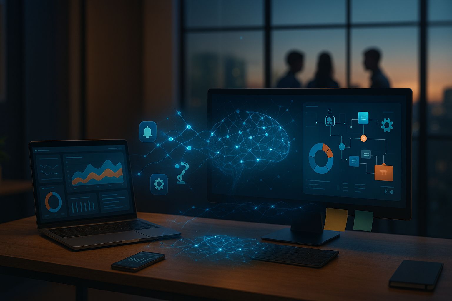 Mesa com notebook e monitor exibindo gráficos, conectados por efeito de IA; conceito de automação e gestão de tráfego pago.