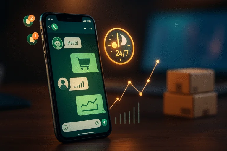 Smartphone exibindo chat no WhatsApp com ícones de vendas e gráfico.