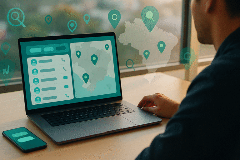 Profissional analisando mapa de leads no notebook com pins geográficos