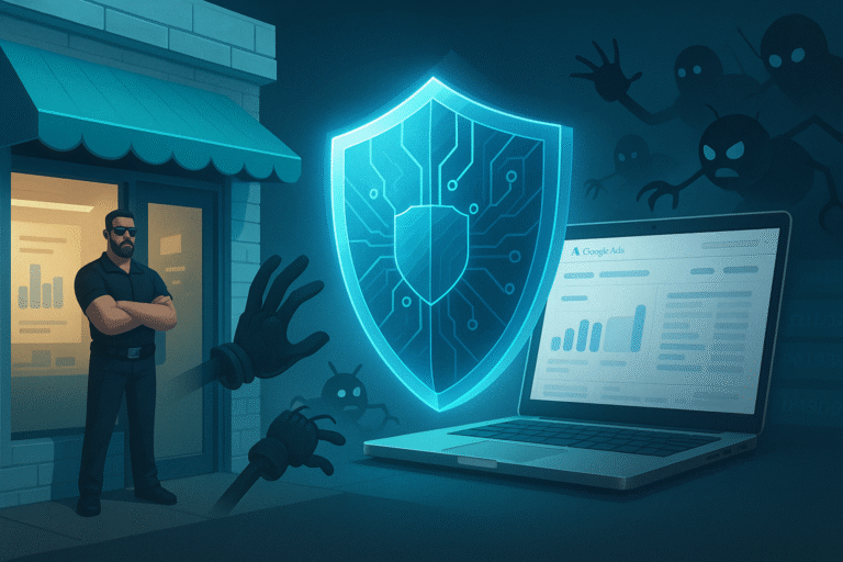 Escudo digital bloqueia bots entre uma loja e um laptop com Google Ads, simbolizando proteção contra cliques fraudulentos e tráfego qualificado.