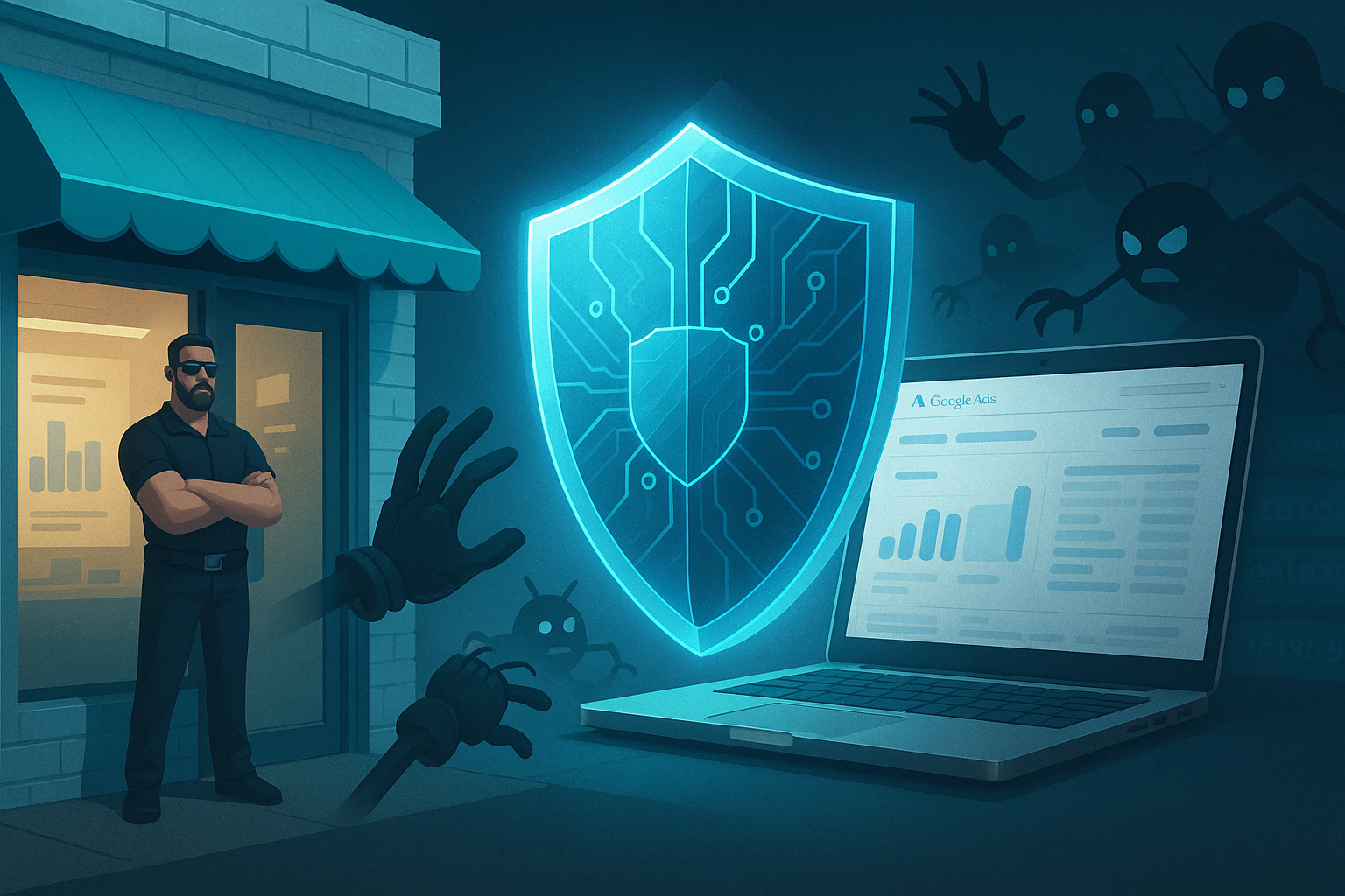 Escudo digital bloqueia bots entre uma loja e um laptop com Google Ads, simbolizando proteção contra cliques fraudulentos e tráfego qualificado.