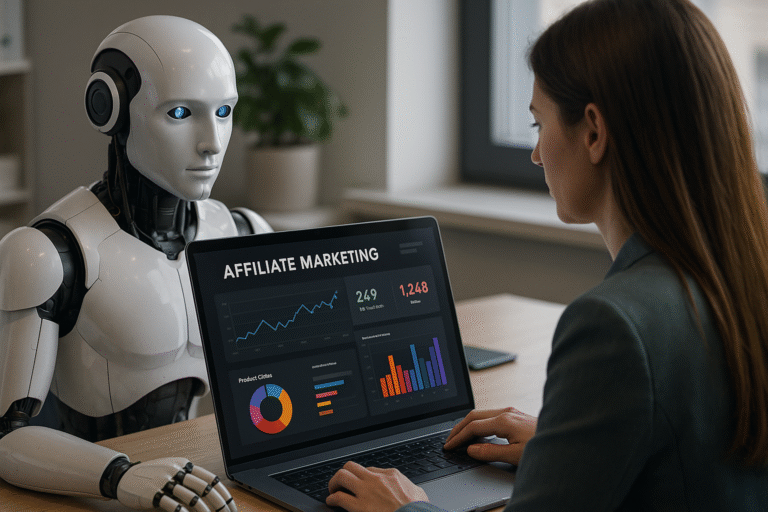 Profissional de marketing usando inteligência artificial para automatizar divulgação de afiliados.