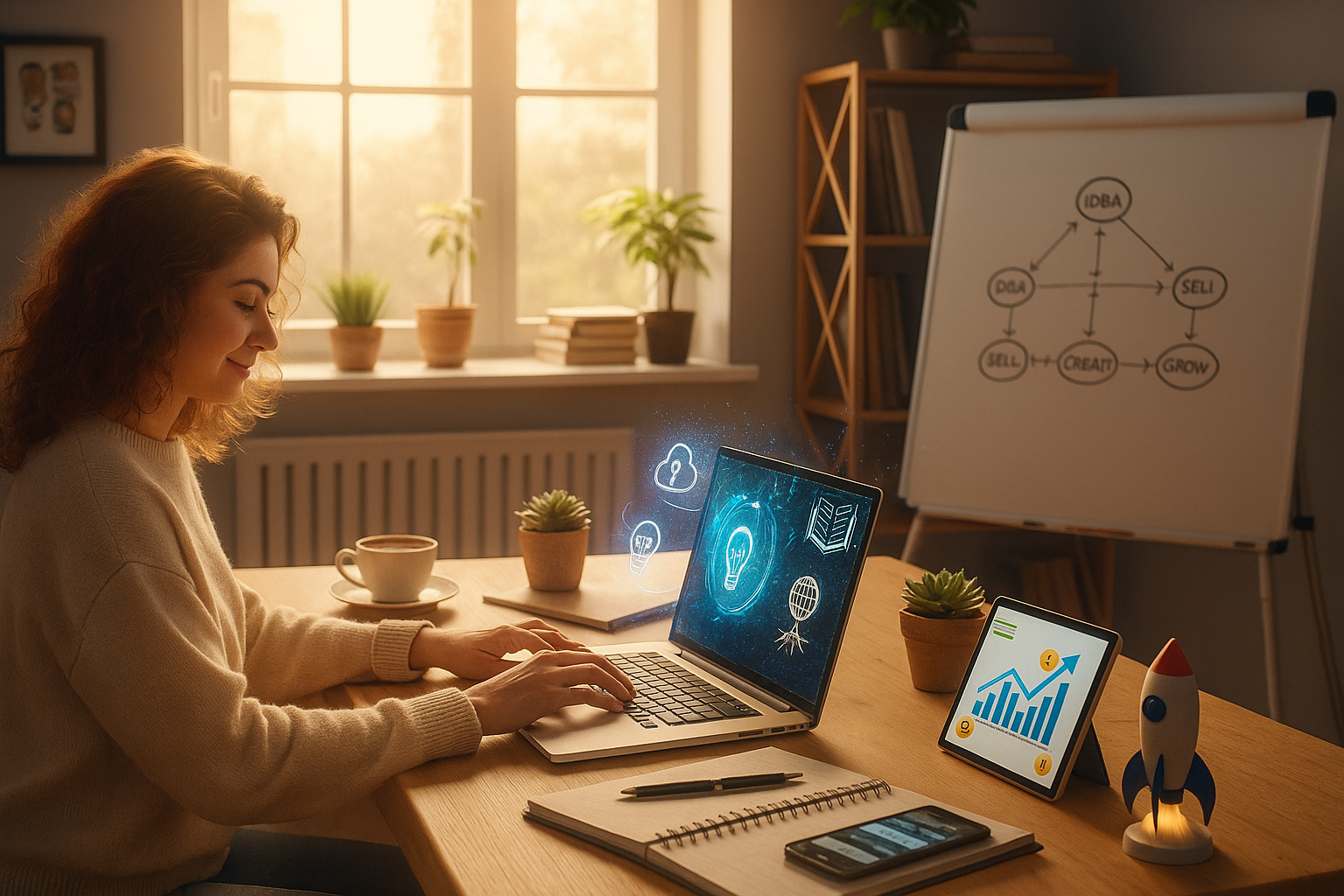 Mulher trabalhando em laptop com hologramas digitais em escritório iluminado pelo sol, representando marketing digital e inovação.