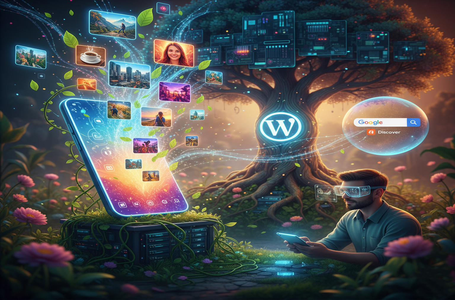 Web Stories Generator WordPress, conteúdo visual, Google Discover, celular, árvore digital, homem, óculos VR, inovação marketing digital