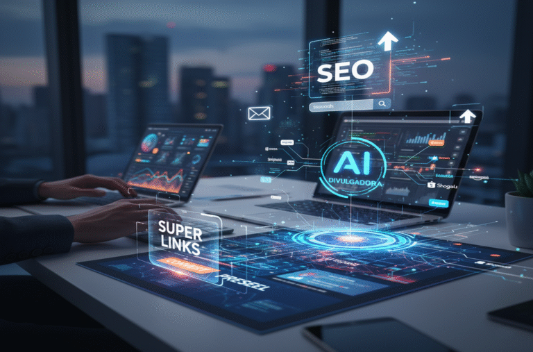 Visão aérea de escritório moderno onde duas pessoas operam laptops e uma interface holográfica exibe o ecossistema de marketing digital, com foco em otimização de SEO, IA (Inteligência Artificial Divulgadora), Super Links e Presell, simbolizando automação e alta performance.