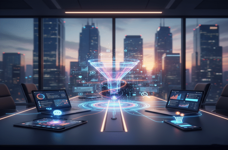 Funil de vendas digital holográfico flutuando sobre uma mesa de reunião, conectando laptops, tablet e celular que exibem dashboards e gráficos de automação e leads.