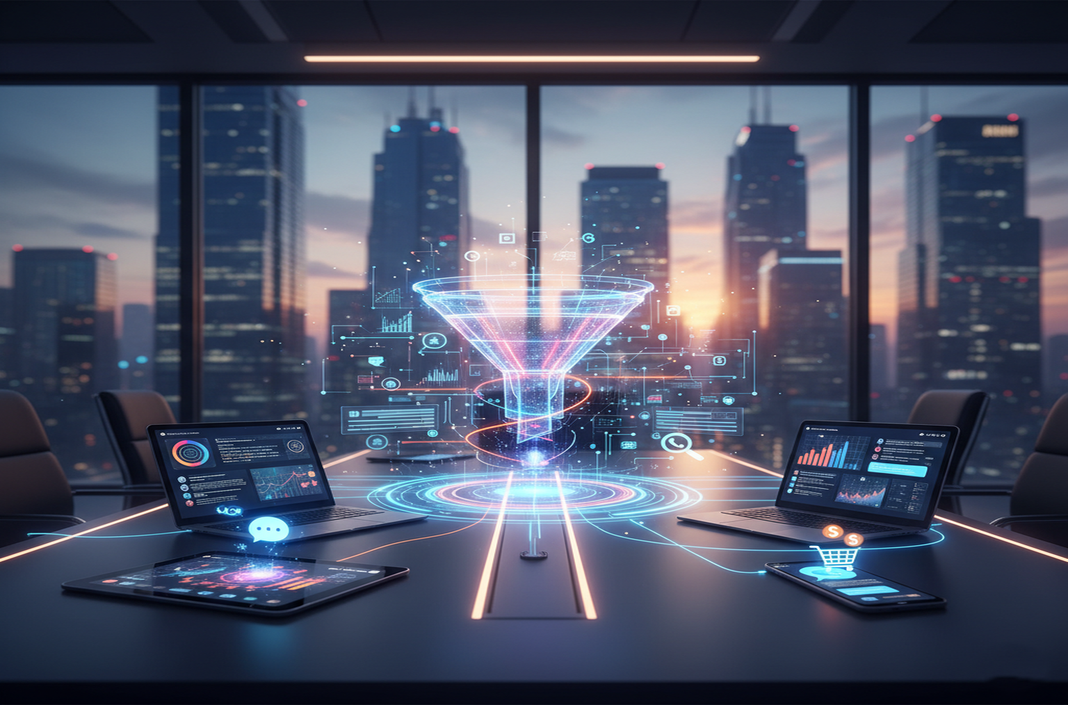 Funil de vendas digital holográfico flutuando sobre uma mesa de reunião, conectando laptops, tablet e celular que exibem dashboards e gráficos de automação e leads.
