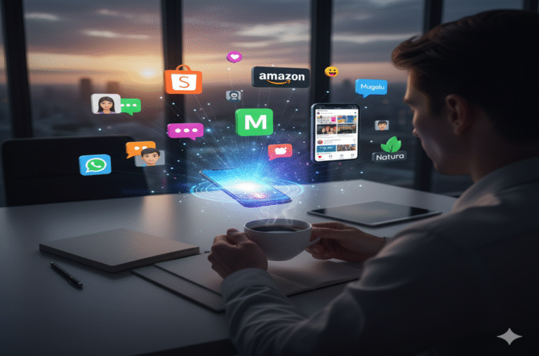 Afiliada usando IA Divulgadora para automatizar a divulgação de links de afiliado no celular, com ícones do WhatsApp, Shopee, Amazon e Magalu flutuando