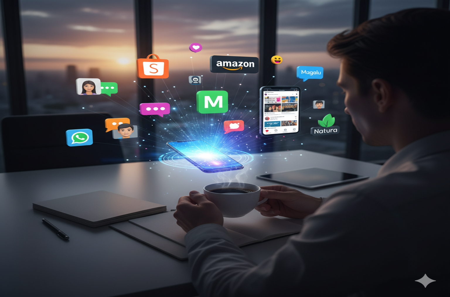Afiliada usando IA Divulgadora para automatizar a divulgação de links de afiliado no celular, com ícones do WhatsApp, Shopee, Amazon e Magalu flutuando