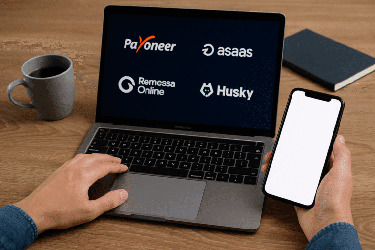 Pessoa usando notebook e smartphone com logotipos de plataformas financeiras como Payoneer, Asaas, Remessa Online e Husky.