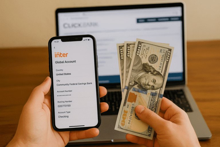 Pessoa segura celular com conta internacional e notas de dólar.