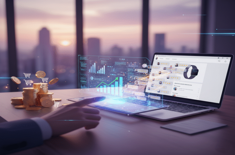Mão interagindo com projeções holográficas de dados e gráficos financeiros ao lado de um laptop, com pilhas de moedas e carrinhos de compra flutuando.