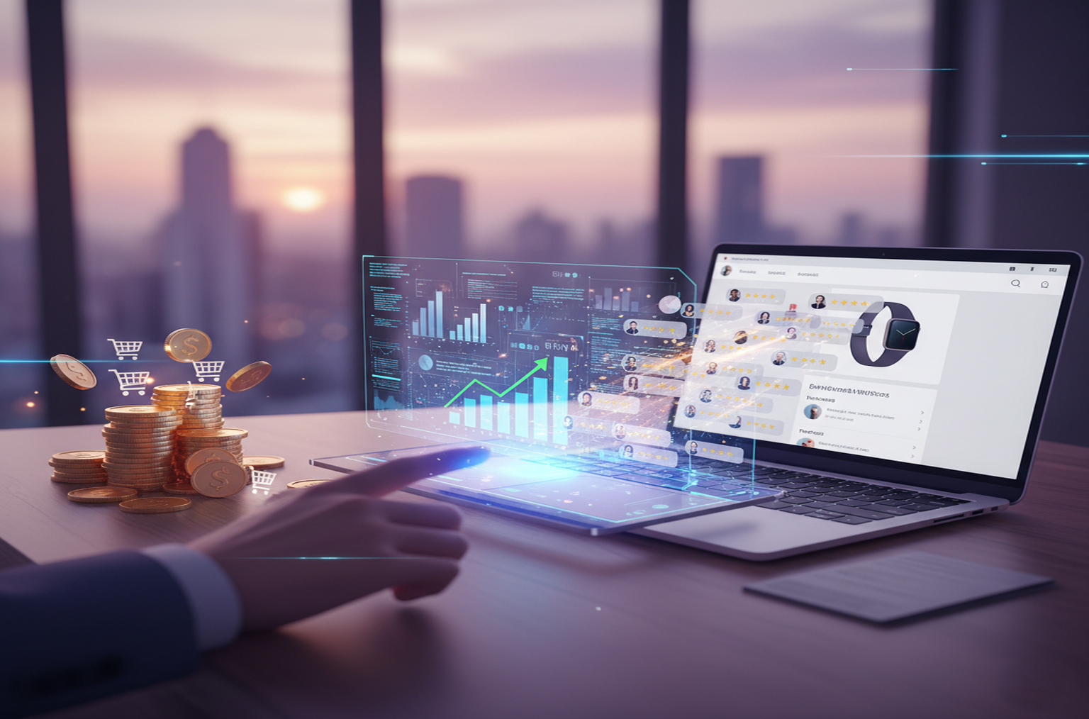 Mão interagindo com projeções holográficas de dados e gráficos financeiros ao lado de um laptop, com pilhas de moedas e carrinhos de compra flutuando.
