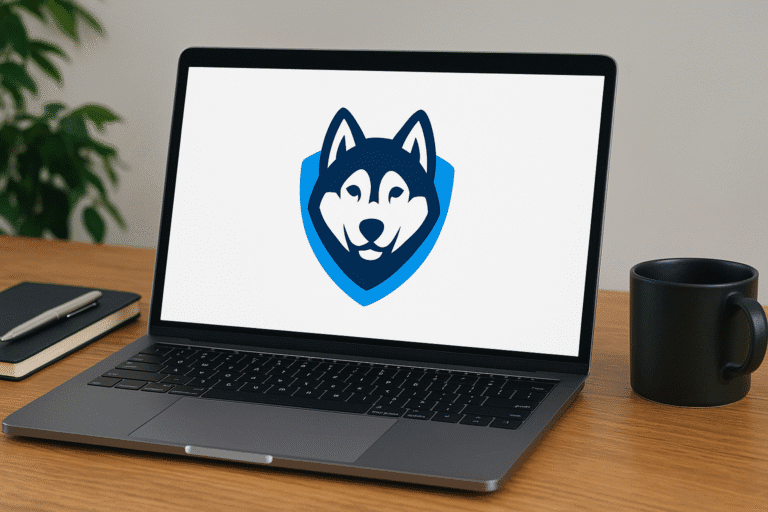 Logo da Husky exibido em notebook.