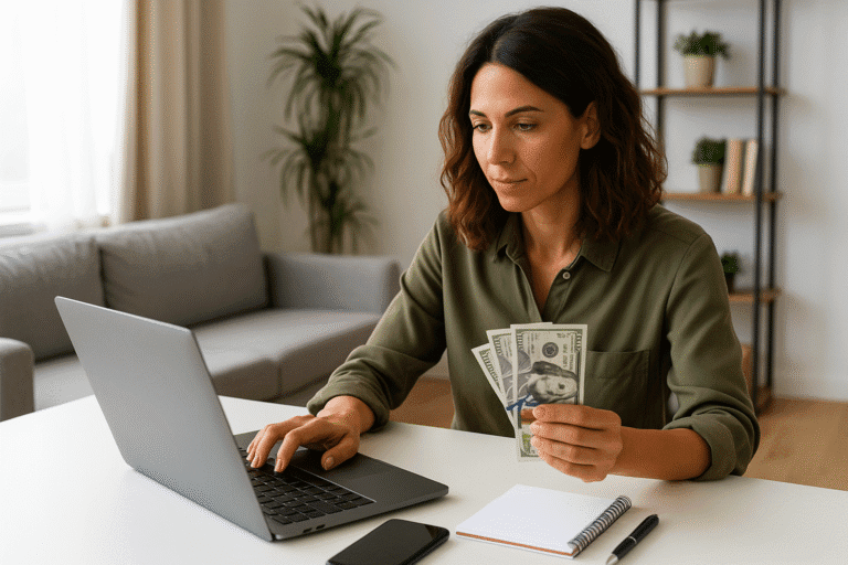 Mulher segura notas de dólar enquanto usa notebook.