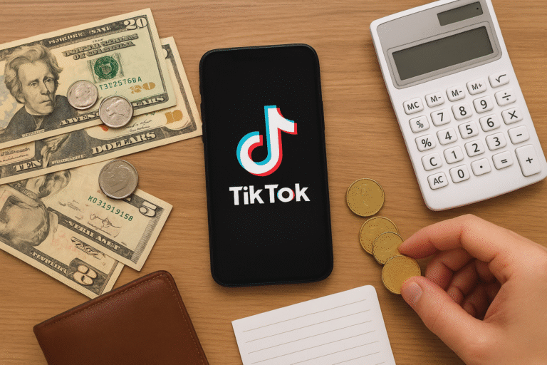 Smartphone com logo do TikTok ao lado de dinheiro e calculadora.