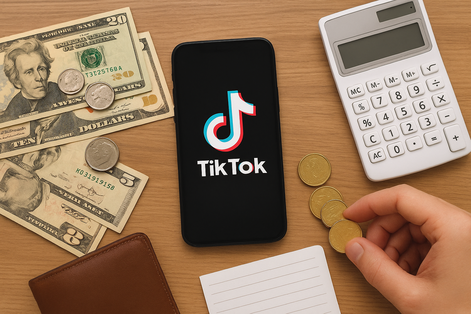 Smartphone com logo do TikTok ao lado de dinheiro e calculadora.