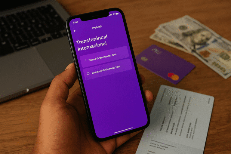 Pessoa segurando celular com tela de transferência internacional do Nubank