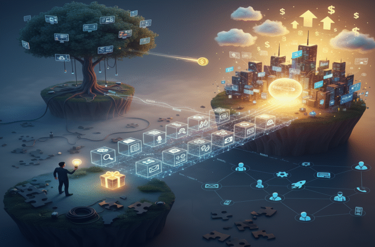 Jornada e Estrutura do Marketing de Afiliados: árvore de conhecimento digital ligada por uma ponte de conteúdo a uma cidade de crescimento financeiro e vendas.