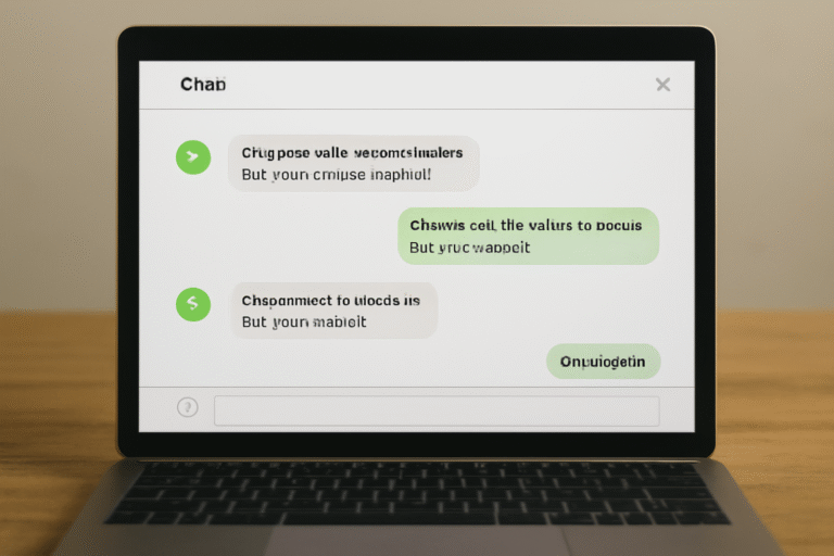 Tela de notebook mostrando uma conversa automatizada com mensagens de atendimento ao cliente.