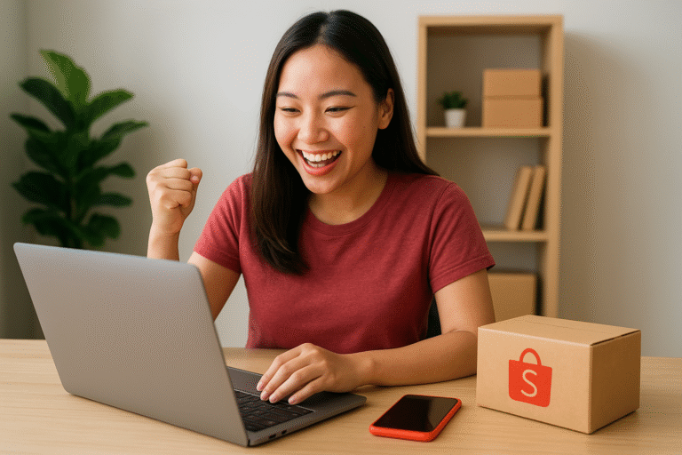 Mulher comemorando sua primeira venda na Shopee em frente ao notebook.