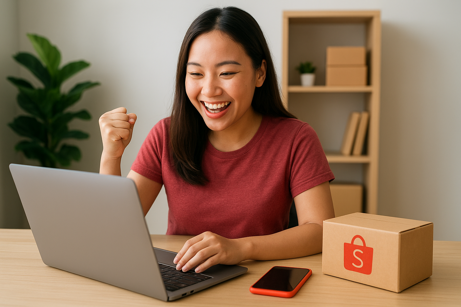 Mulher comemorando sua primeira venda na Shopee em frente ao notebook.