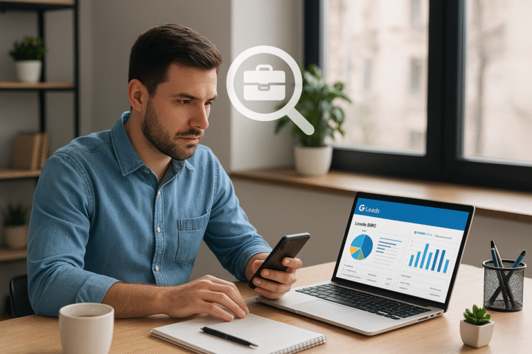 Afiliado usando a ferramenta GLeads para buscar empresas e leads B2B.