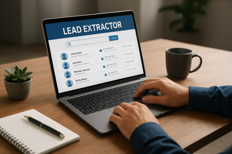 Profissional usando laptop com ferramenta de extração de leads em ambiente de trabalho moderno.
