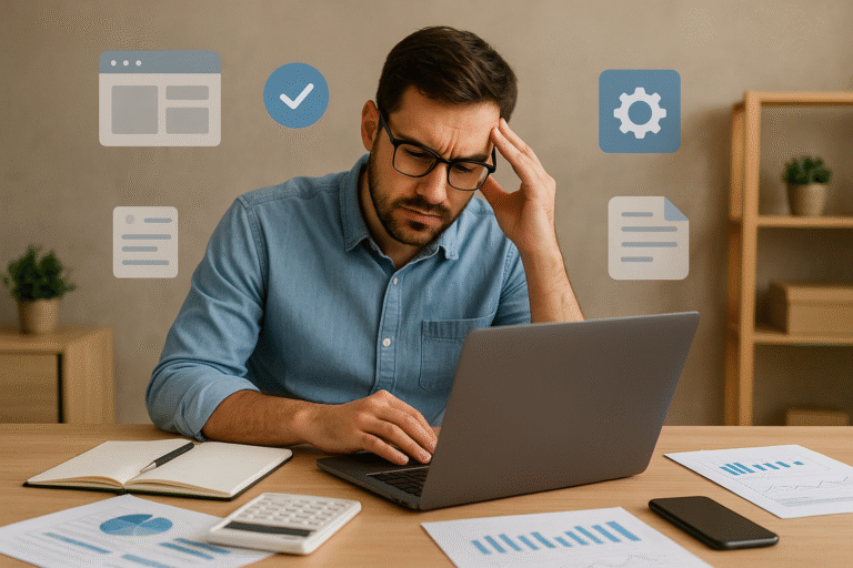 Empreendedor digital sobrecarregado trabalhando em laptop com gráficos e planilhas.