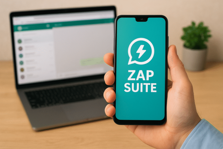 Pessoa segurando smartphone com Zap Suite aberto em frente a um laptop.