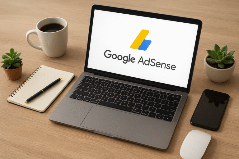 Workspace com laptop exibindo Google AdSense em tela.