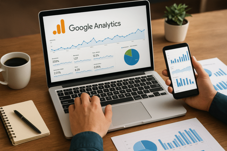 Análise de dados do Google Analytics em laptop e smartphone.
