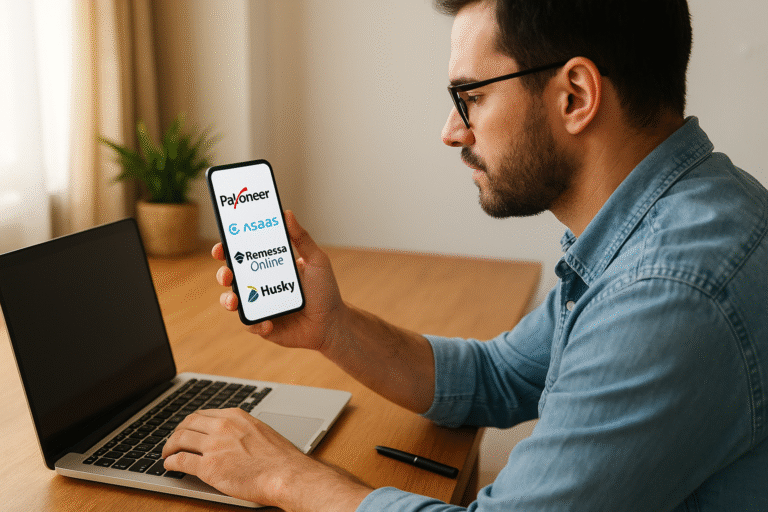 Homem usando notebook e celular com logos da Payoneer, Asaas, Remessa Online e Husky.