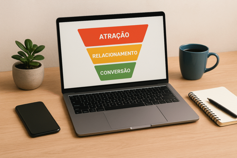 Mesa de trabalho com laptop e anotações representando análise de funil de vendas.