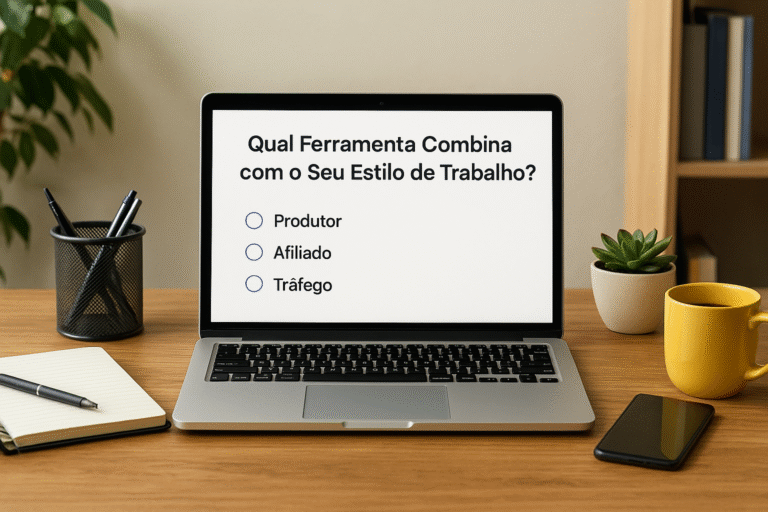 Mesa de trabalho moderna com laptop e itens de escritório.