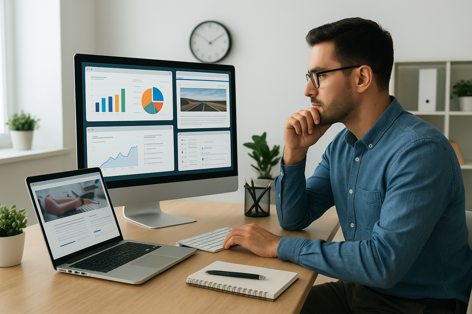 Profissional analisando ferramentas digitais em seu computador.