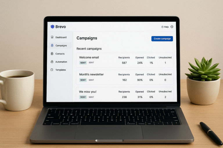 Painel de configuração da Brevo mostrando campanhas de e-mail marketing.