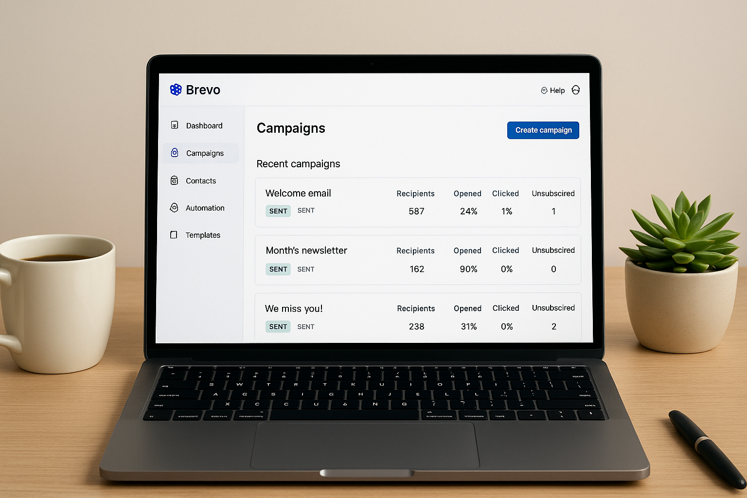 Painel de configuração da Brevo mostrando campanhas de e-mail marketing.