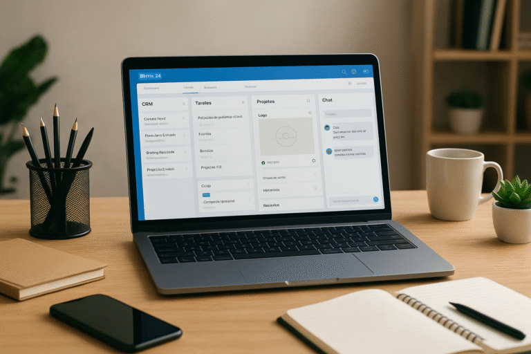 Mesa de freelancer com notebook exibindo o Bitrix24 e itens de trabalho organizados.
