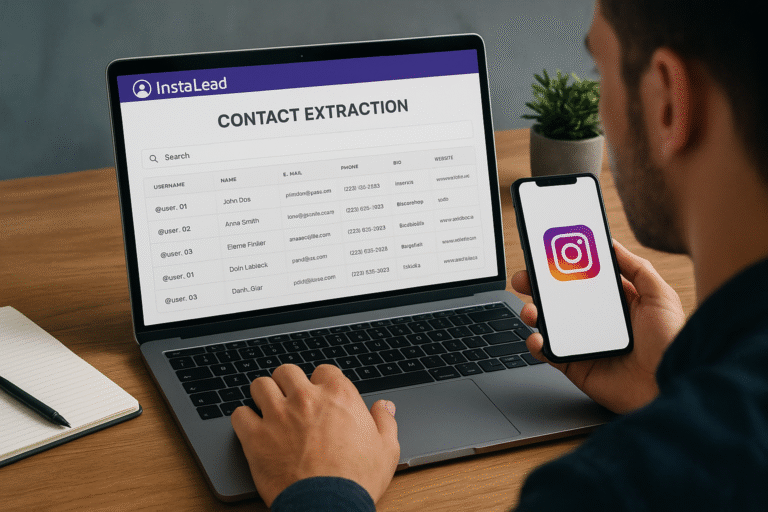 Profissional usando o InstaLead para extrair contatos do Instagram e gerar leads qualificados.